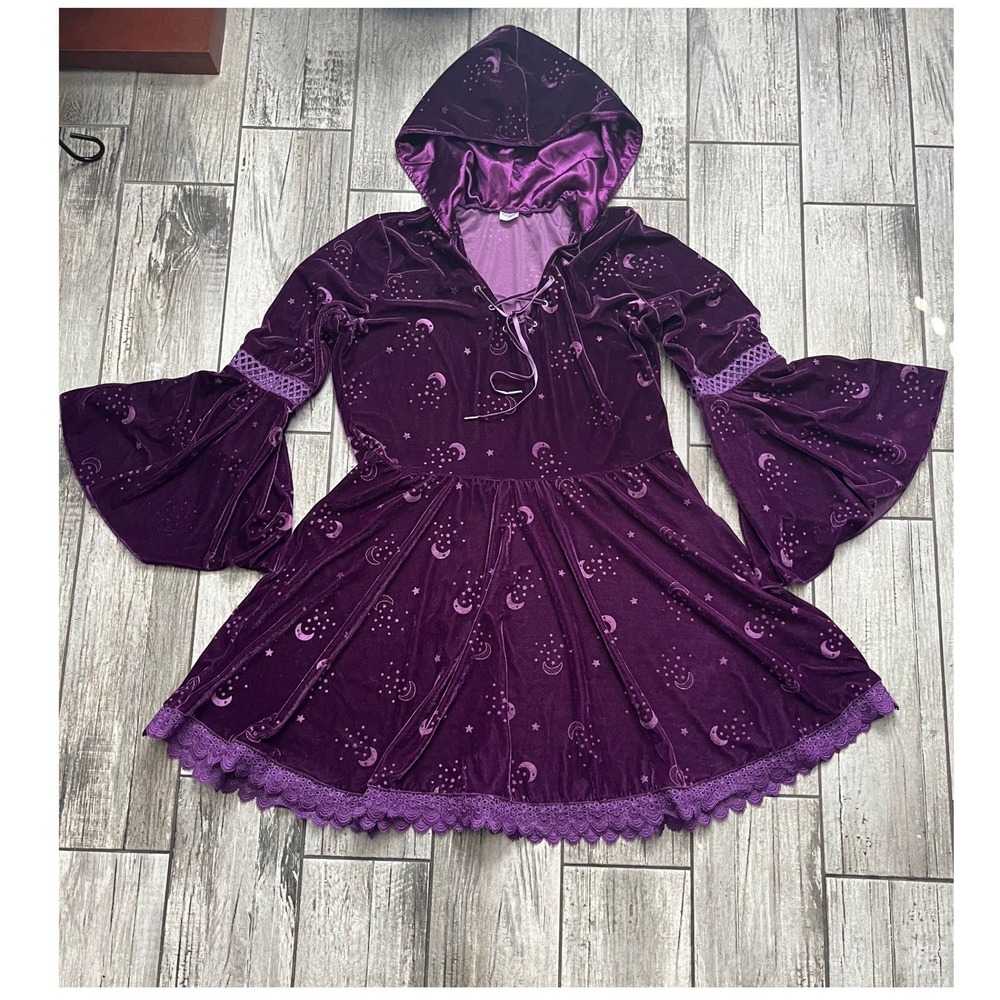 Spirit Halloween Celestial Coven Hooded Dress Women 1X Purple Bell Sleeve Witch
